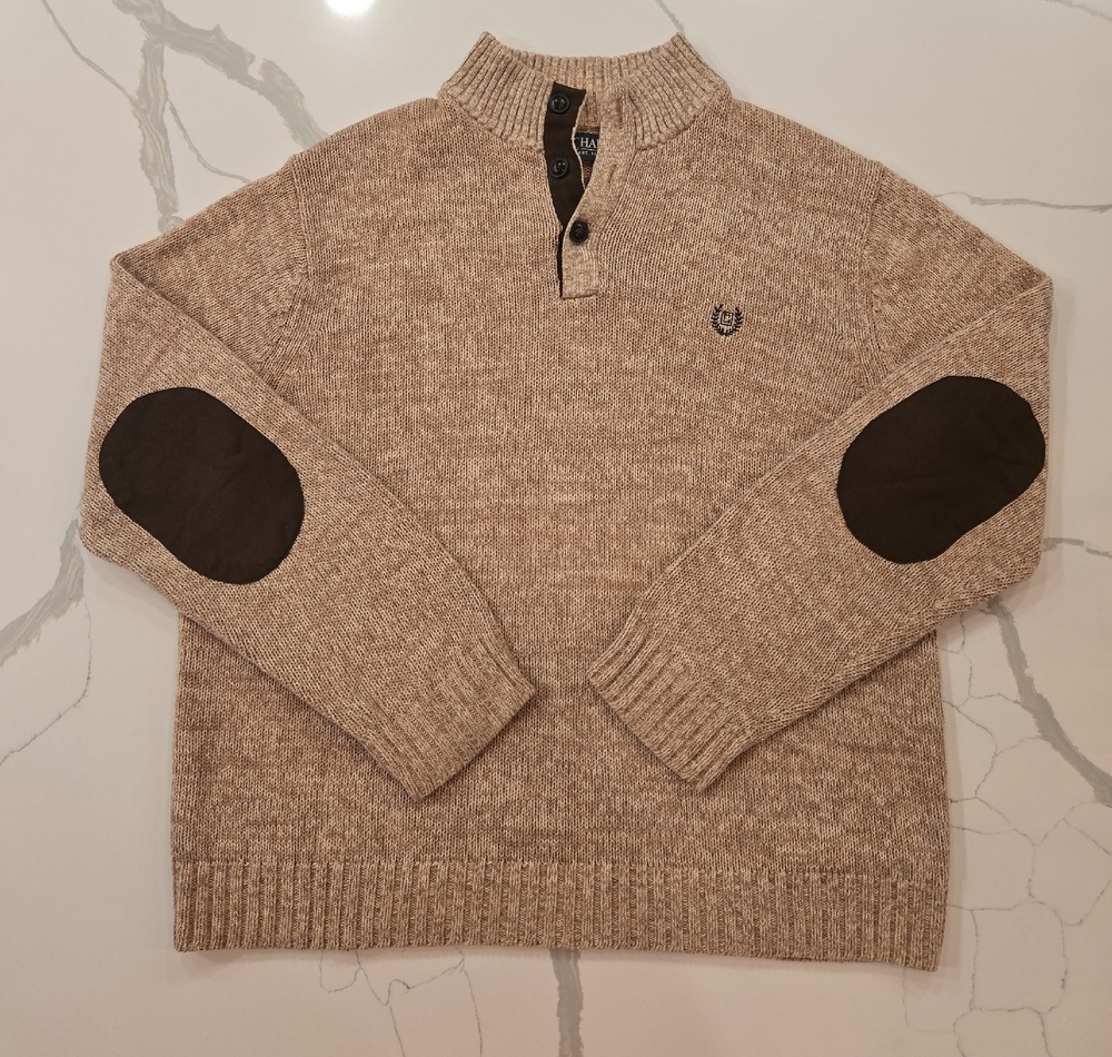 Chaps Elbow Patch 1/4 Button Down Cotton Marled Sweater Brown Large Mens
